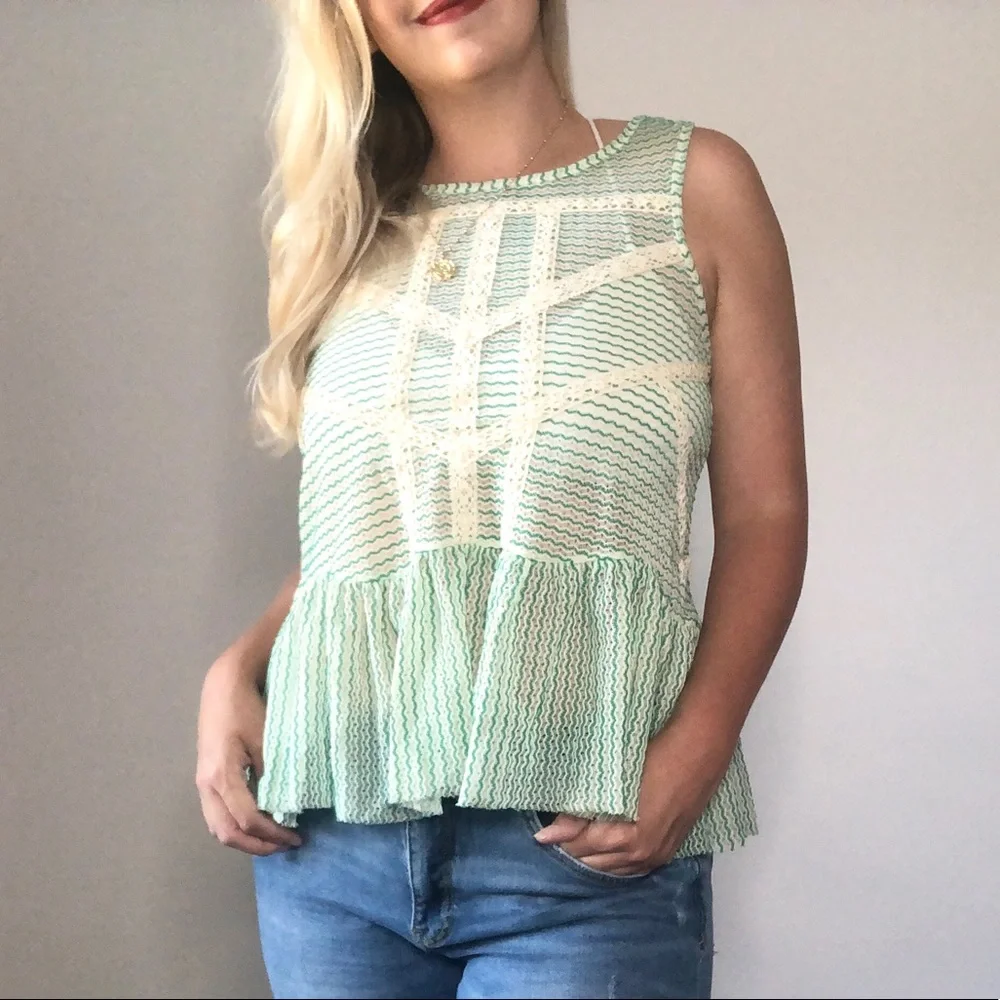 Free People Green Lace Crochet Stripe Peplum Top